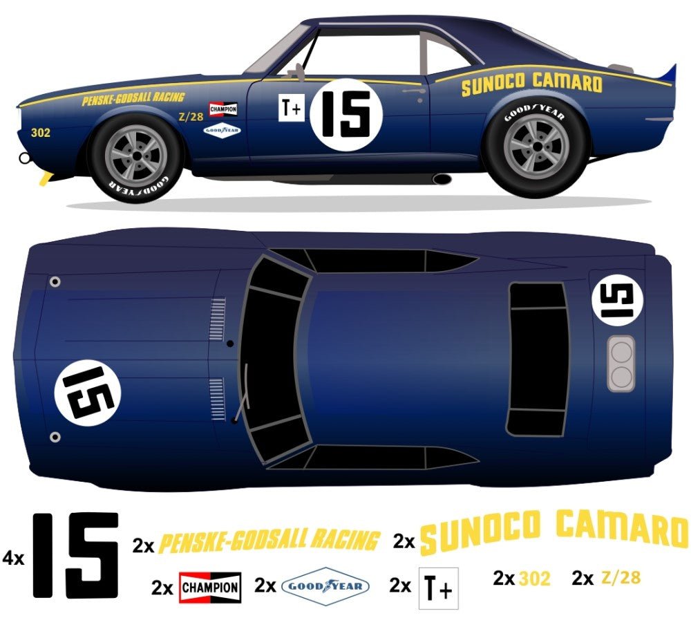 1967 Trans Am Camaro - Penske Sunoco No 15 Livery Kit - Raceline Digital