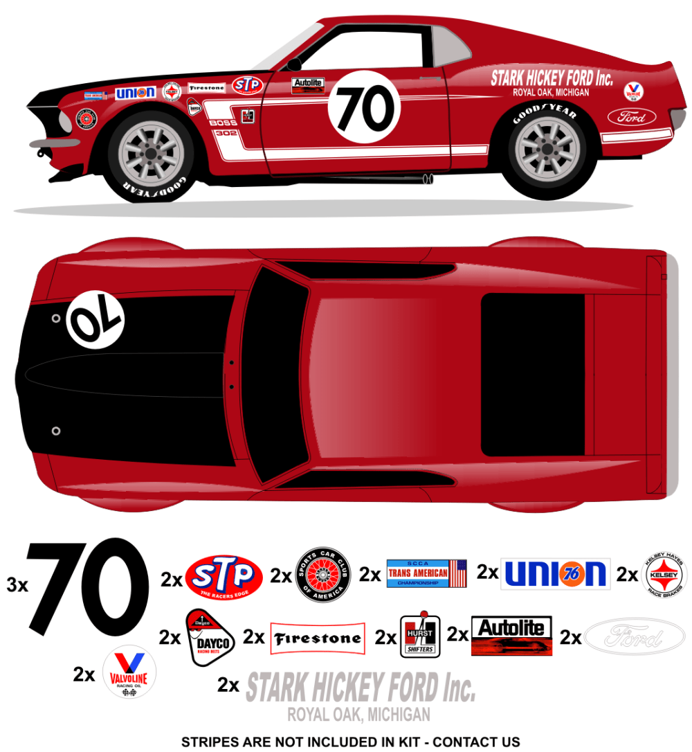 1969 Trans Am BOSS Mustang - Team Stark Hickey Ford No 70 Livery Kit - Raceline Digital