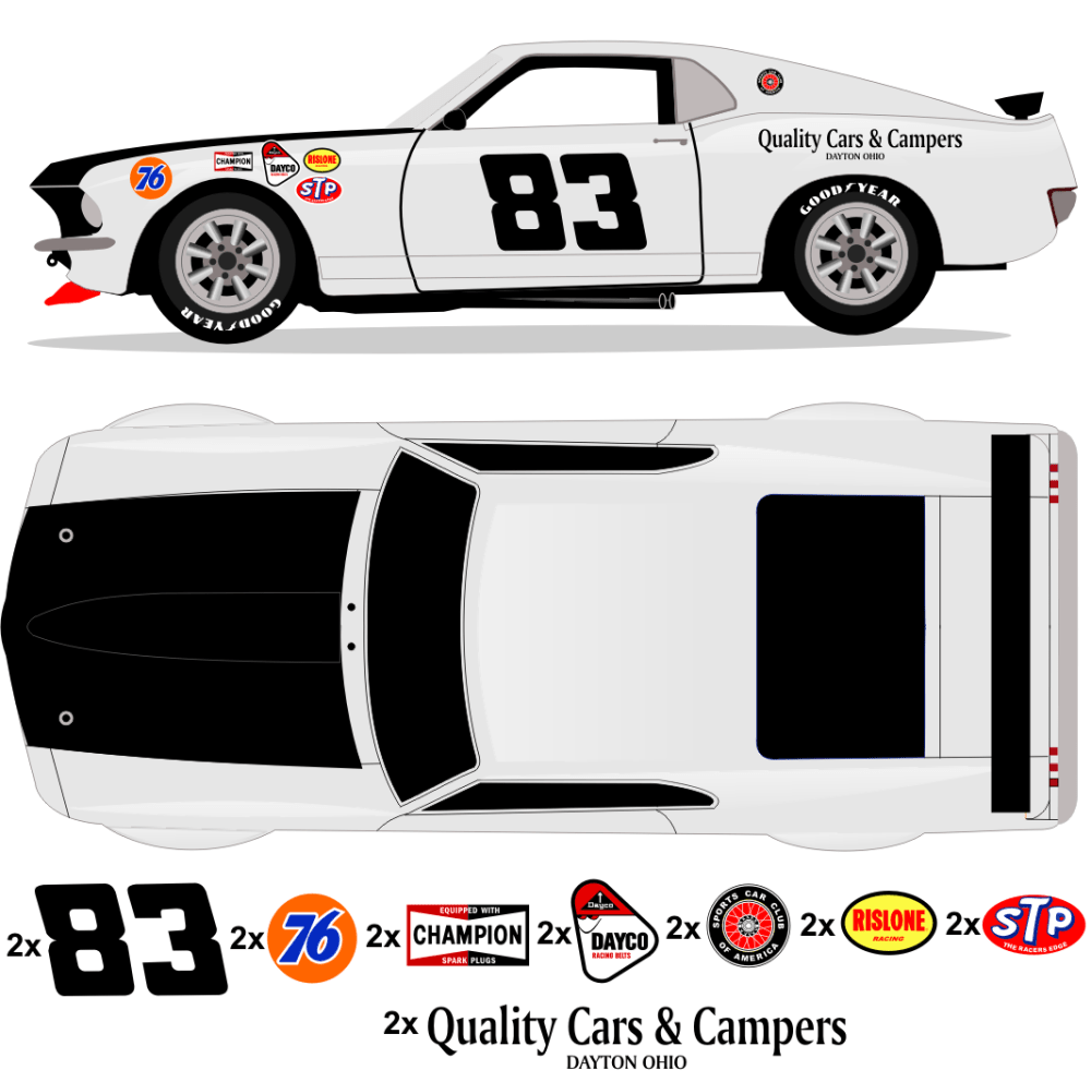 1969 Trans Am BOSS Mustang - Team Quality Cars & Campers No 83 Livery Kit - Raceline Digital