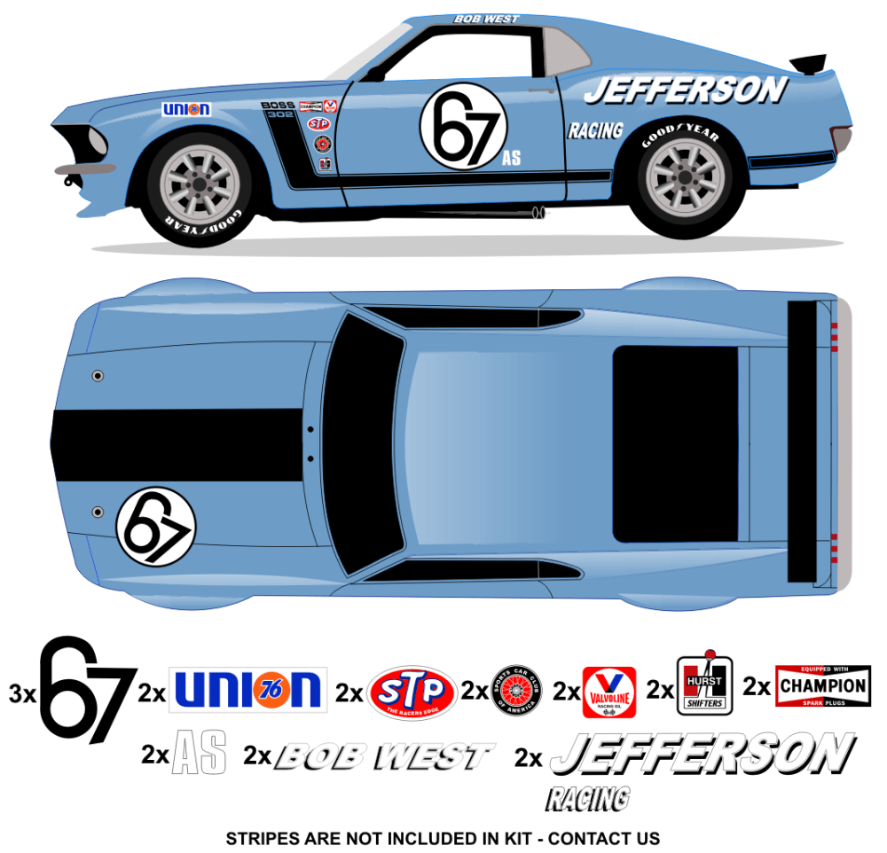 1970 Trans Am BOSS Mustang - Team Jefferson Racing No 67 Livery Kit - Raceline Digital