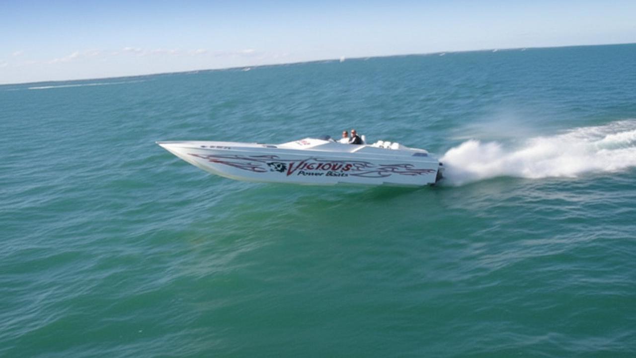 Speedboat with 'Vicious Power Boats' branding on a body of water.