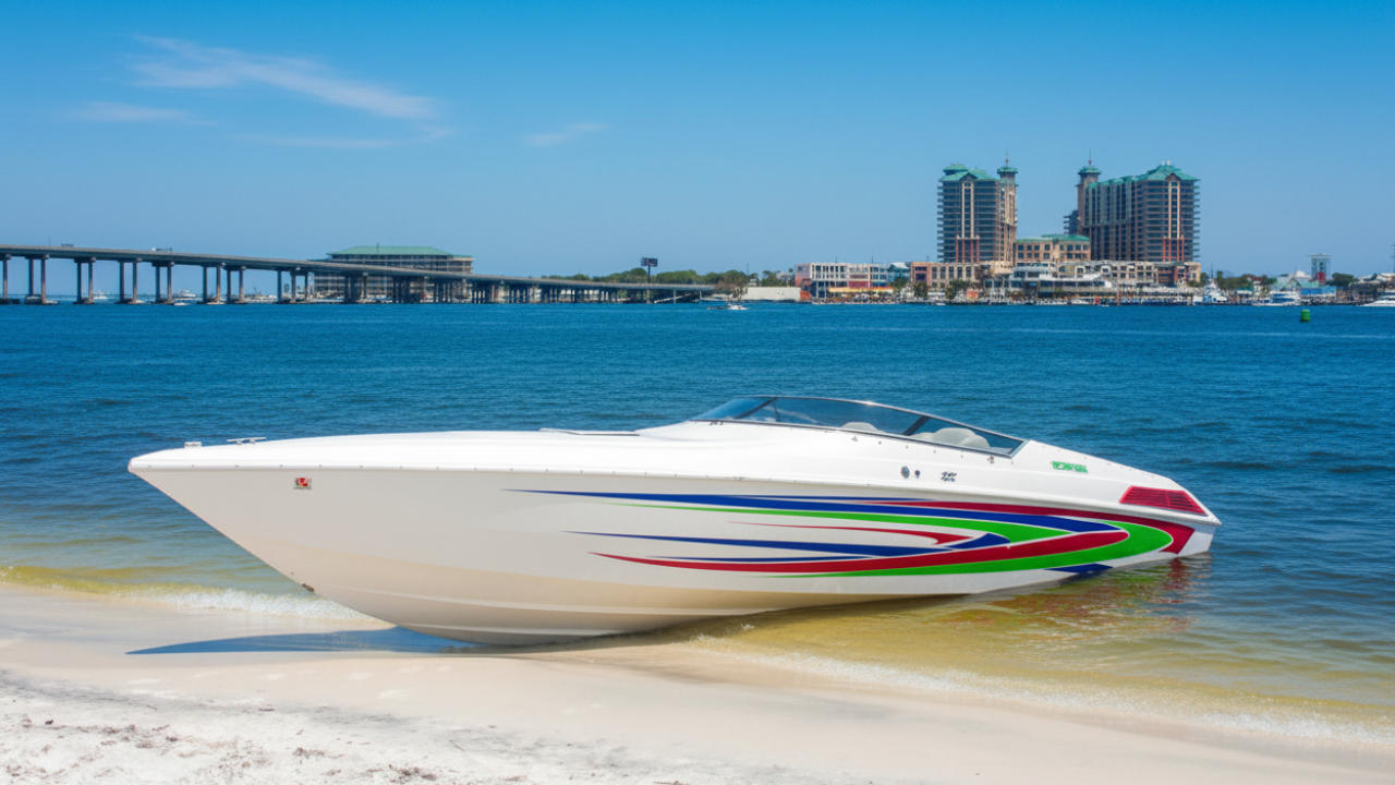 Speedboat on a beach with a clear blue sky and water